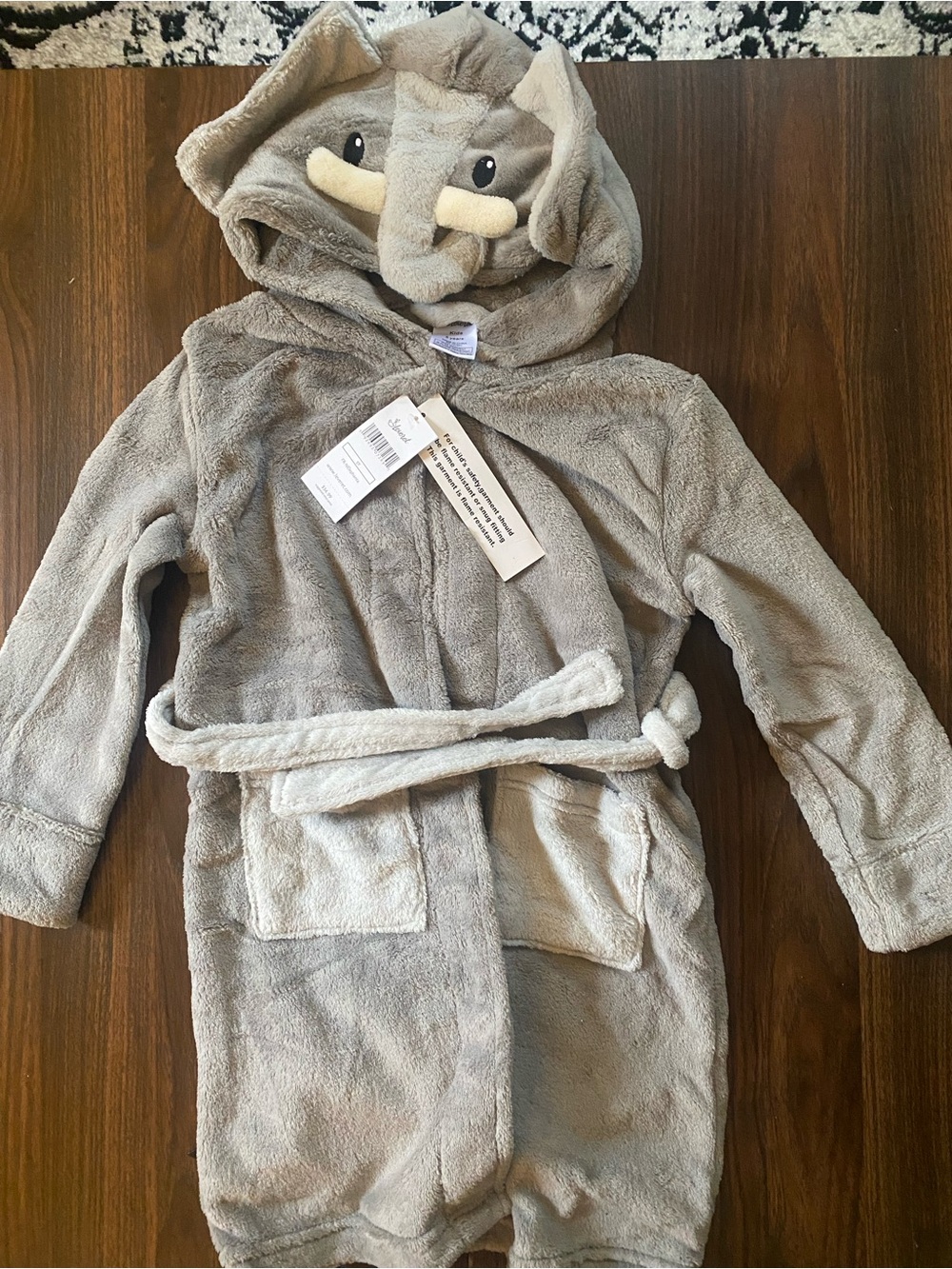 Plush Elephant Hooded Kids Robe - Soft Gray